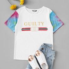 Romwe Tie Dye Sleeve Letter Print Tee