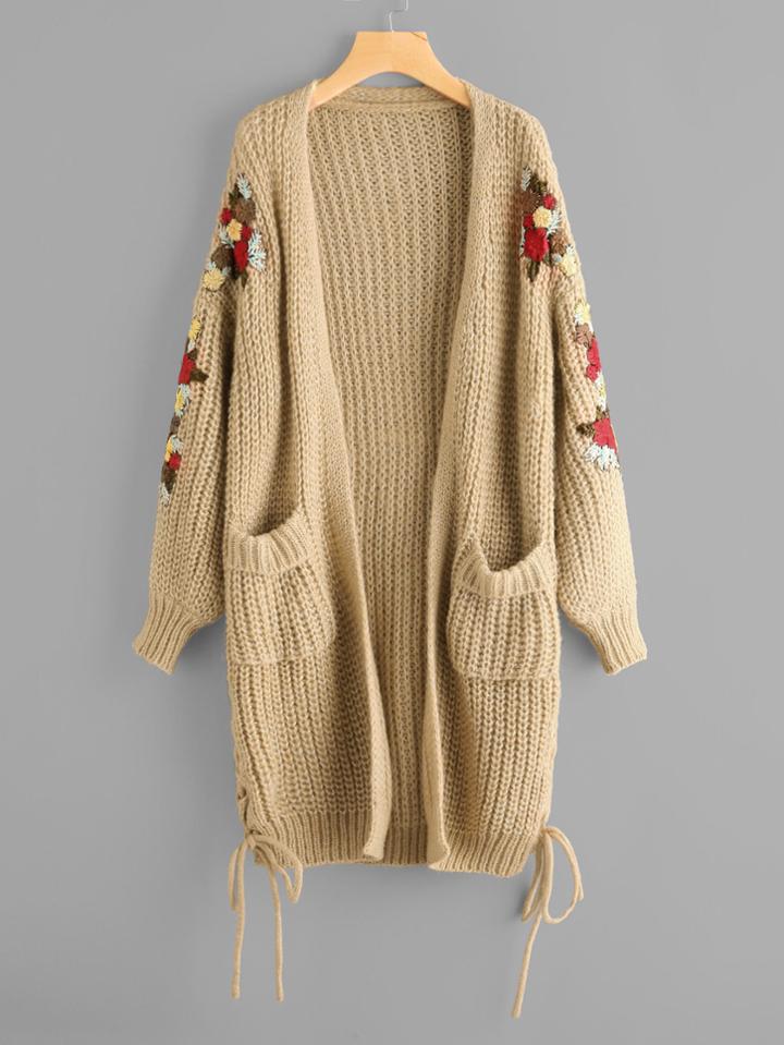 Romwe Flower Embroidered Puff Sleeve Lace Up Side Cardigan