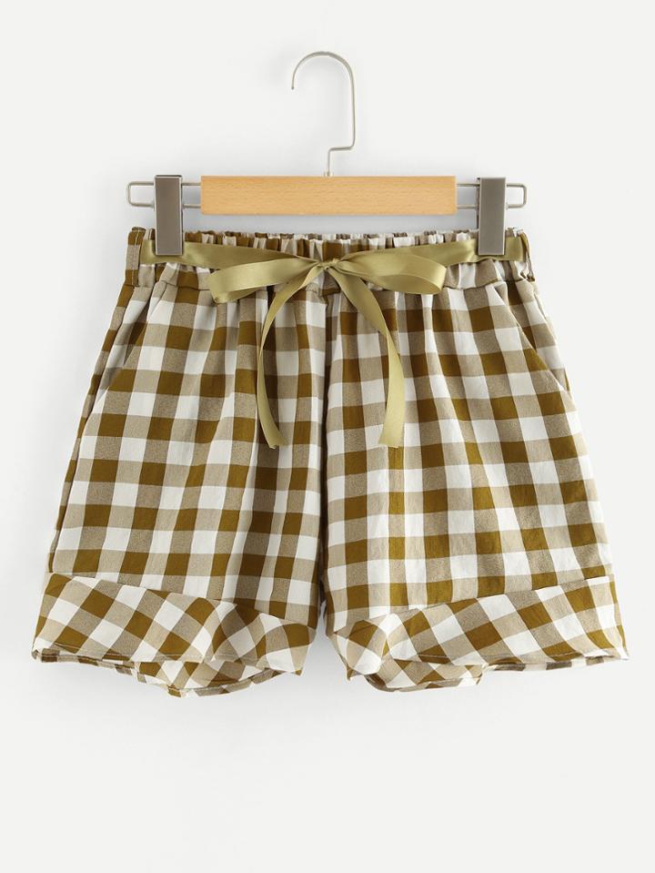 Romwe Self Tie Waist Ruffle Hem Checked Shorts