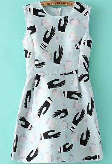 Romwe Sleeveless Hand Print Flare Dress