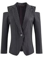 Romwe Black Vertical Striped Open Shoulder Single Button Blazer