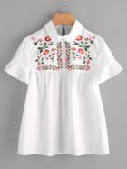Romwe Embroidered Yoke Buttoned Keyhole Frill Sleeve Smock Top