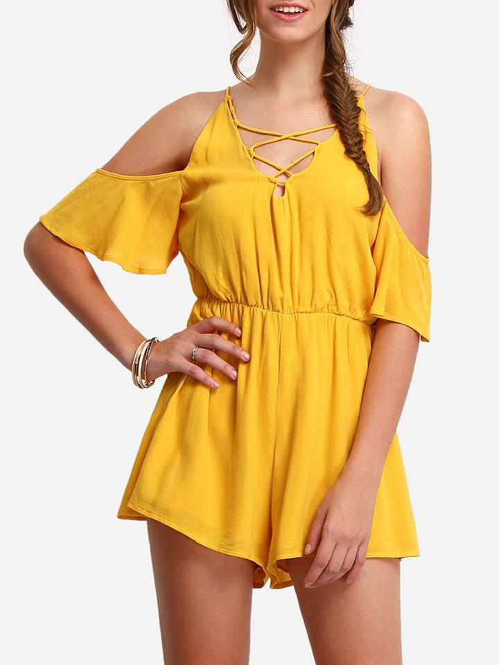 Romwe Cold Shoulder Lace Up Cut Out Romper
