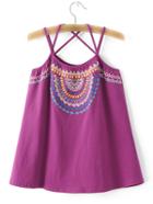Romwe Purple Embroidery Criss Cross Vintage Top