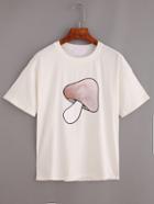 Romwe Mushroom Print Drop Shoulder T-shirt - White