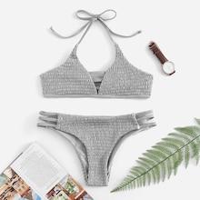 Romwe Ladder-cut-out Smocked Bikini Set