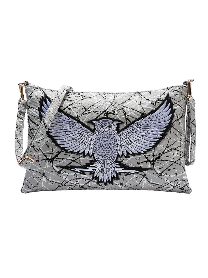 Romwe Embroidered Owl Patch Paint Splatter Print Clutch - Grey