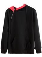 Romwe Black Contrast Lining Hooded Sweatshirt With Zip Detail