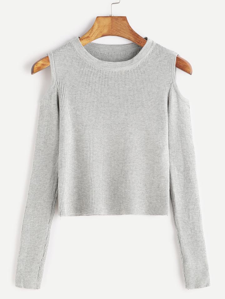 Romwe Pale Grey Open Shoulder Crop Ribbed Knitwear