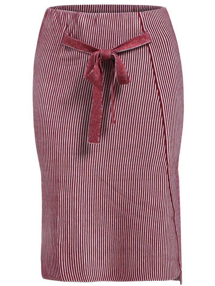 Romwe Drawstring Vertical Striped Red Skirt