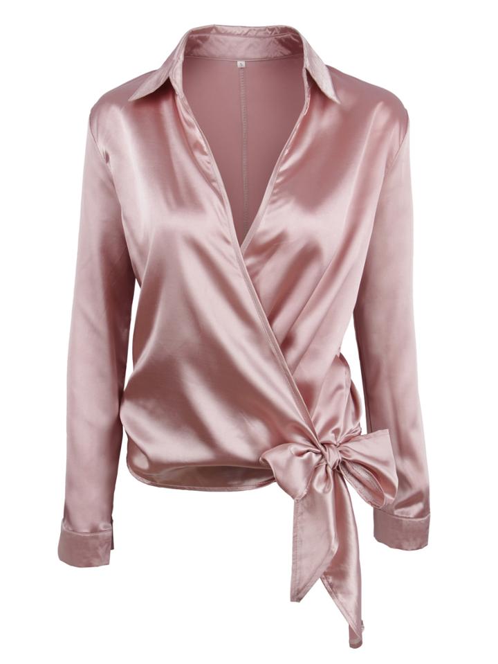 Romwe Satin Knotted Hem Surplice Blouse