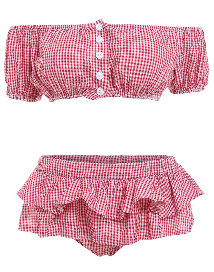 Romwe With Buttons Plaid Ruffle Red Bikini Set
