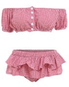 Romwe With Buttons Plaid Ruffle Red Bikini Set