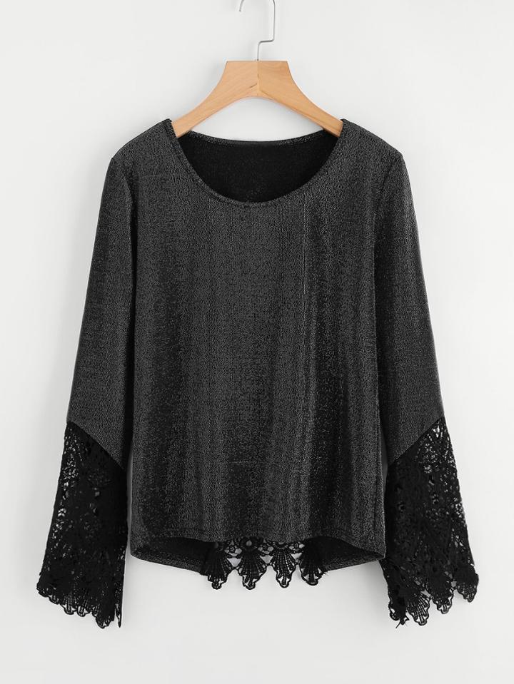 Romwe Floral Lace Insert T-shirt