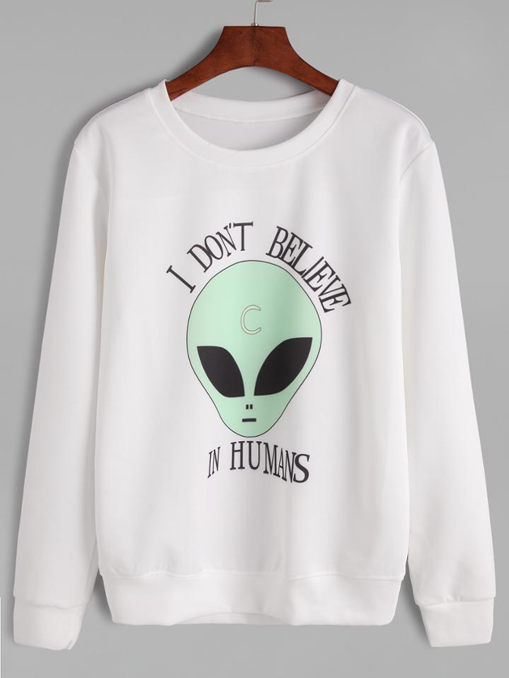 Romwe White Alien And Slogan Print Sweatshirt