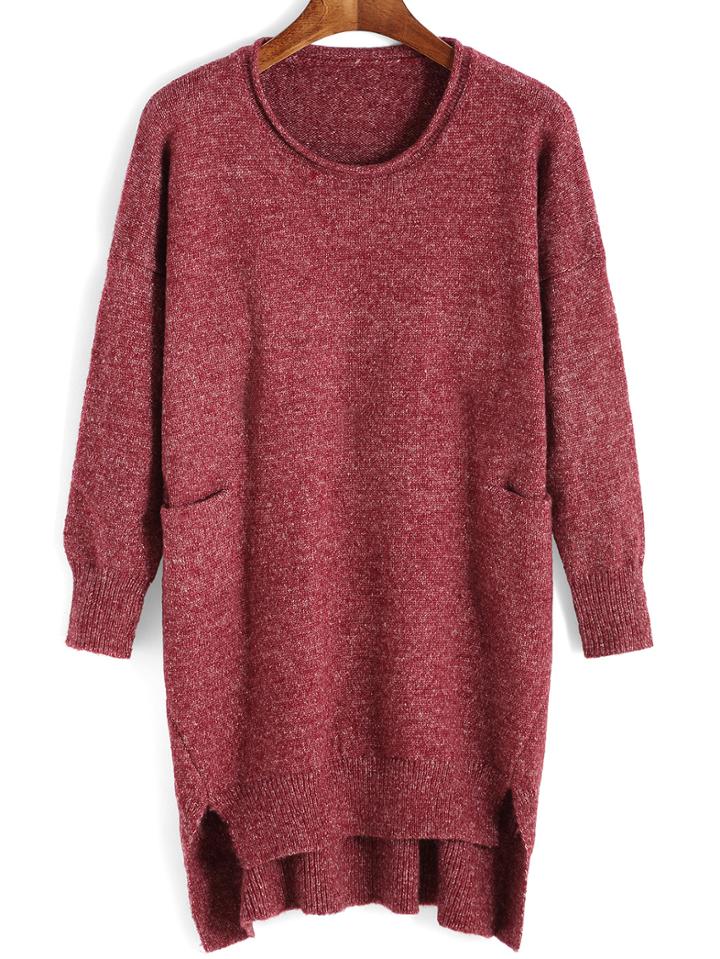 Romwe Round Neck Dip Hem Red Sweater