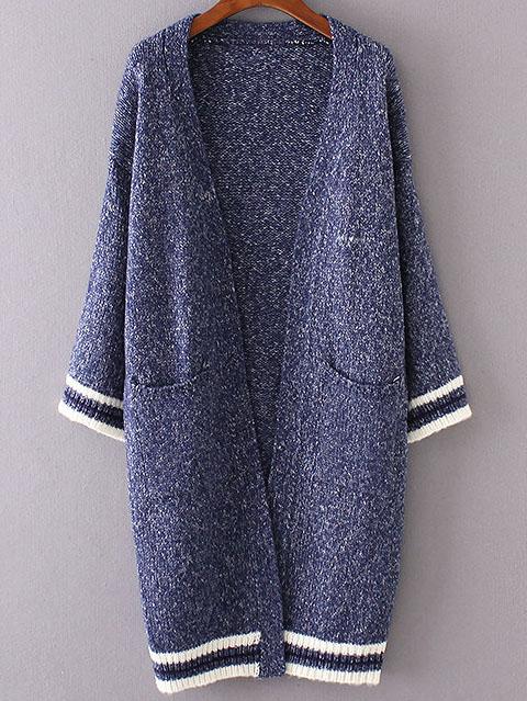 Romwe Blue Striped Trim Front Pocket Long Cardigan