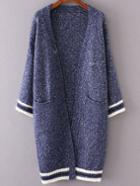 Romwe Blue Striped Trim Front Pocket Long Cardigan