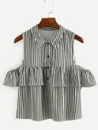 Romwe Contrast Striped Button Front Open Shoulder Ruffle Top