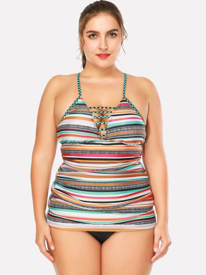 Romwe Ladder Cut Out Striped Tankini Set