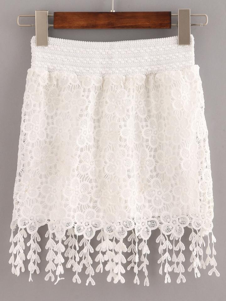 Romwe White Elastic Waist Lace Crochet Fringe Skirt