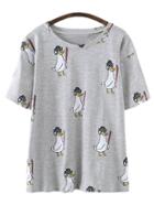 Romwe Grey Short Sleeve Baseball Ducklings Print T-shirt