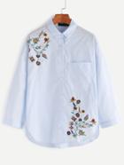 Romwe Blue Drop Shoulder Flower Embroidered High Low Shirt