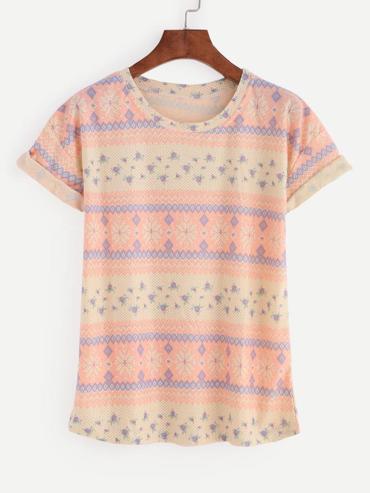 Romwe Multicolor Flower Print Roll Sleeve T-shirt