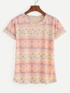 Romwe Multicolor Flower Print Roll Sleeve T-shirt