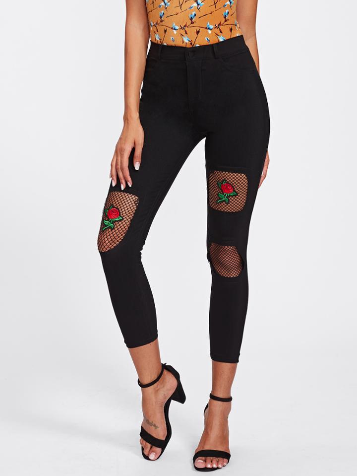 Romwe Rose Patch Fishnet Insert Leggings