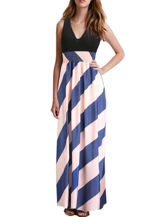 Romwe Deep V Neck Striped Chiffon Maxi Dress