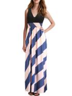 Romwe Deep V Neck Striped Chiffon Maxi Dress
