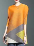 Romwe Orange Color Block Pleated Elastic Shift Dress