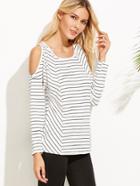 Romwe White Striped Open Shoulder T-shirt