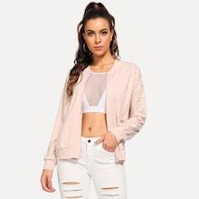 Romwe Pearl Beaded Solid Bomber Jacket
