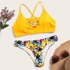 Romwe Lattice Top With Tropical Print Bikini Set