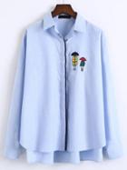 Romwe Blue Drop Shoulder Embroidered High Low Shirt