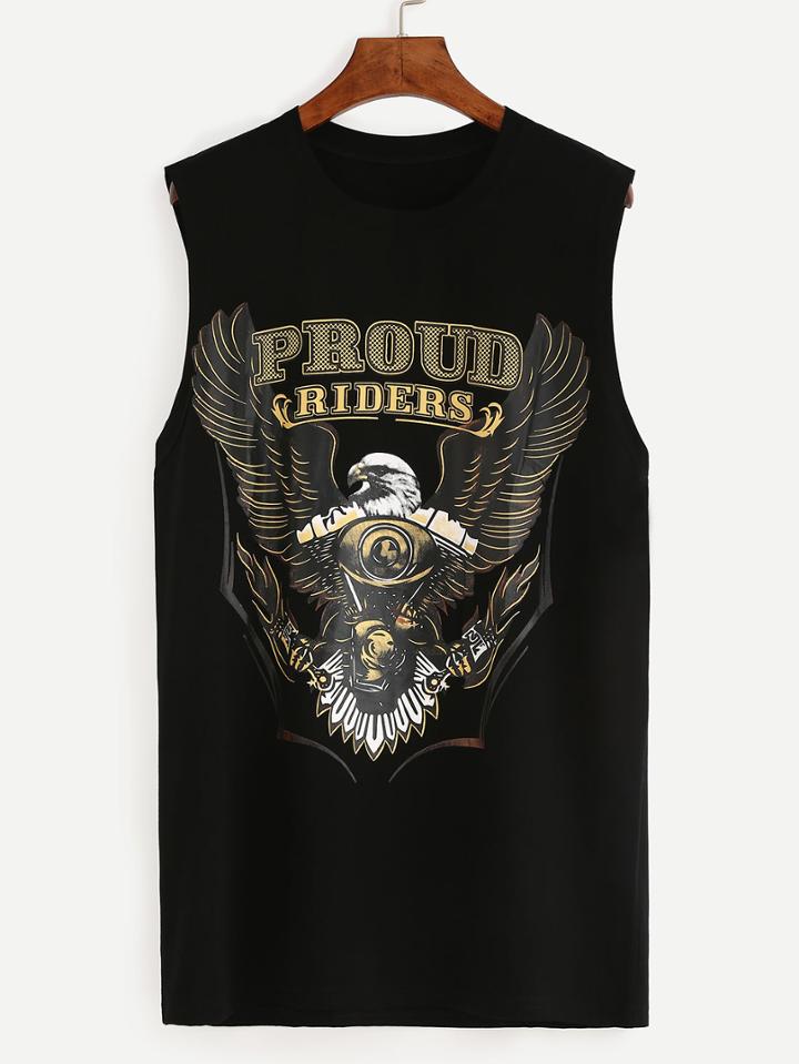 Romwe Eagle Print Sleeveless Dress - Black