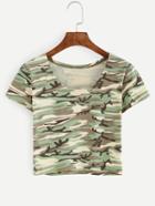 Romwe Green Camouflage Crop T-shirt
