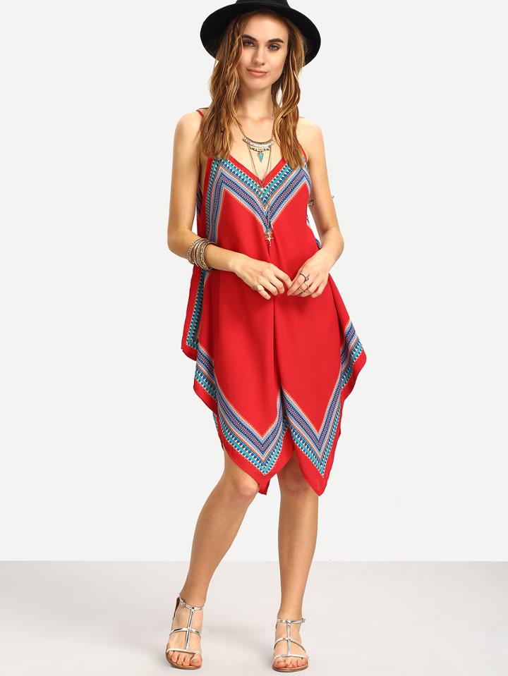 Romwe Tribal Print Asymmetric Cami Dress - Red