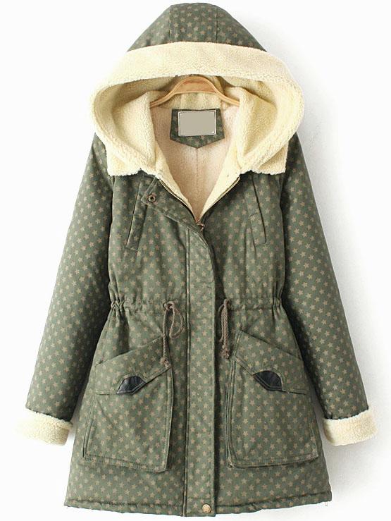 Romwe Hooded Drawstring Stars Print Green Coat