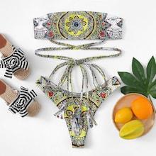 Romwe Floral Self Tie Bandeau With High Leg Bikini