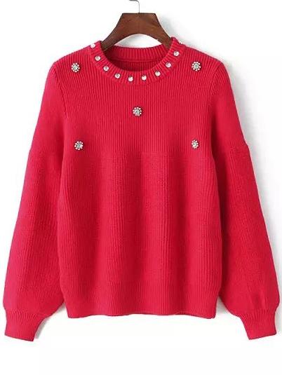 Romwe Lantern Sleeve Beaded Red Sweater