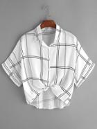 Romwe Black And White Plaid Tie Front Cuffed Shirt