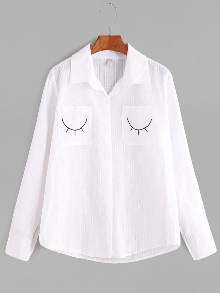 Romwe Beige Eyelash Embroidery Pockets Hollow Shirt