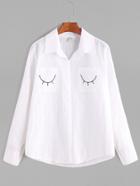 Romwe Beige Eyelash Embroidery Pockets Hollow Shirt