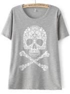 Romwe Grey Short Sleeve Skull Print Loose T-shirt