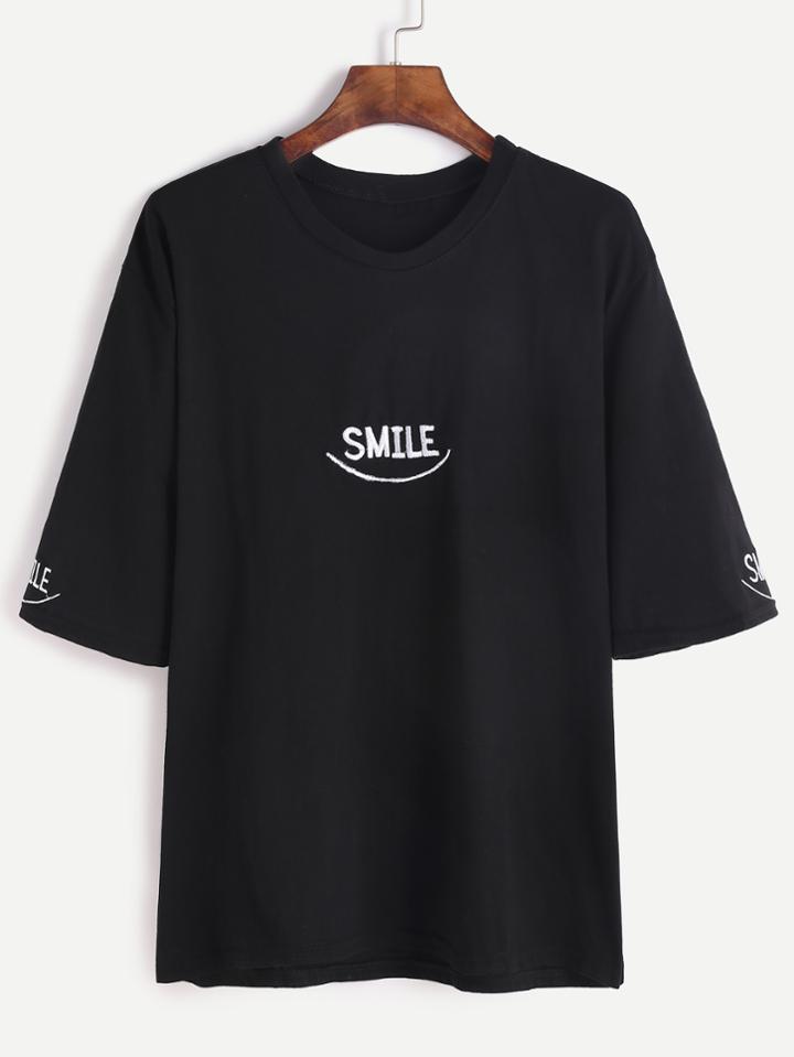 Romwe Black Letters Embroidered Split T-shirt