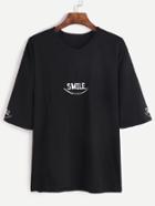 Romwe Black Letters Embroidered Split T-shirt