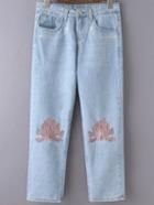 Romwe Light Blue Pockets Embroidery Denim Pants